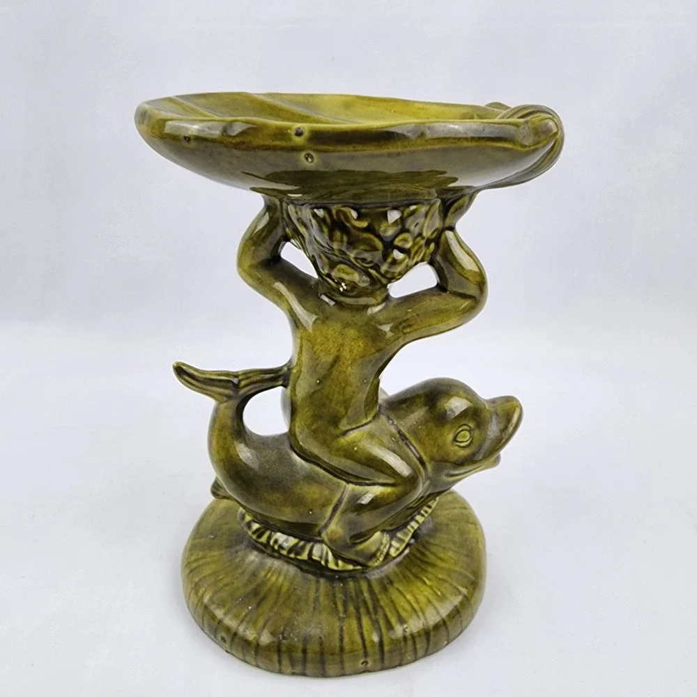 Vtg Ceramic Holland Mold Cherub Angel Child Dolphin Iridized Pedestal Soap‎ Dish